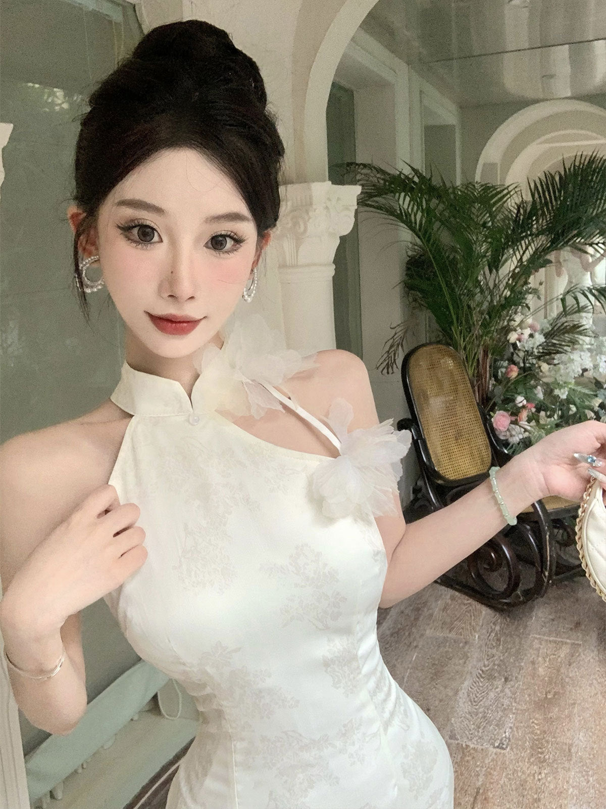 2025 Acetate satin jacquard banquet evening dress women's  summer dress new temperament off-the-shoulder cheongsam dress with split ends