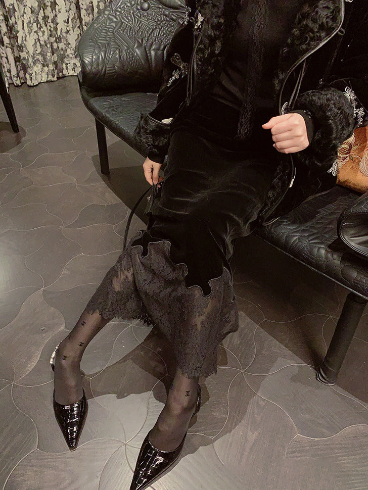 2025 Spot high-end black imitation silk velvet lace embroidered skirt women's autumn and winter new elegant temperament dress