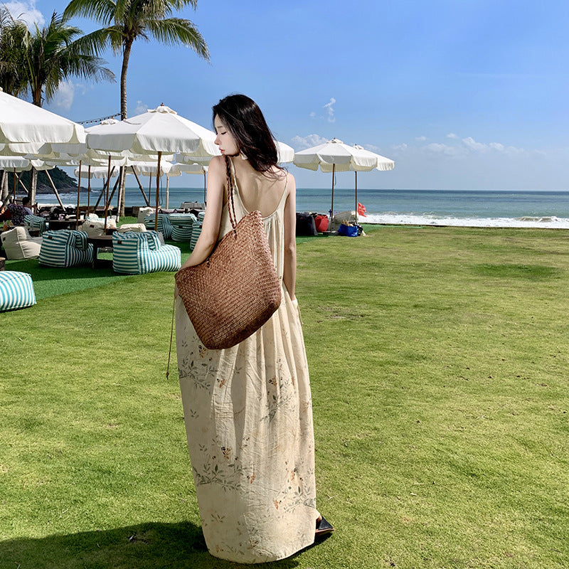 2025 Floral holiday style dress women's spring and autumn printing skirt long loose and thin sleeveless design suspender skirt