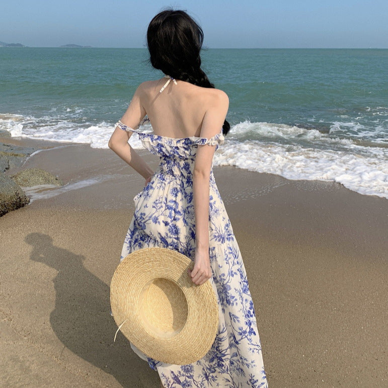 2025 National style new Chinese floral tube top one-word shoulder high-end suspender long dress super fairy seaside vacation photo dress