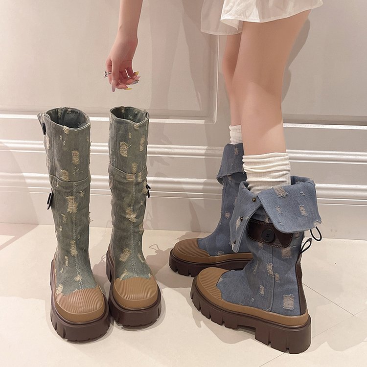 2025  Super Popular high boots women's popular new cowboy British knight boots thick heel boots thin boots