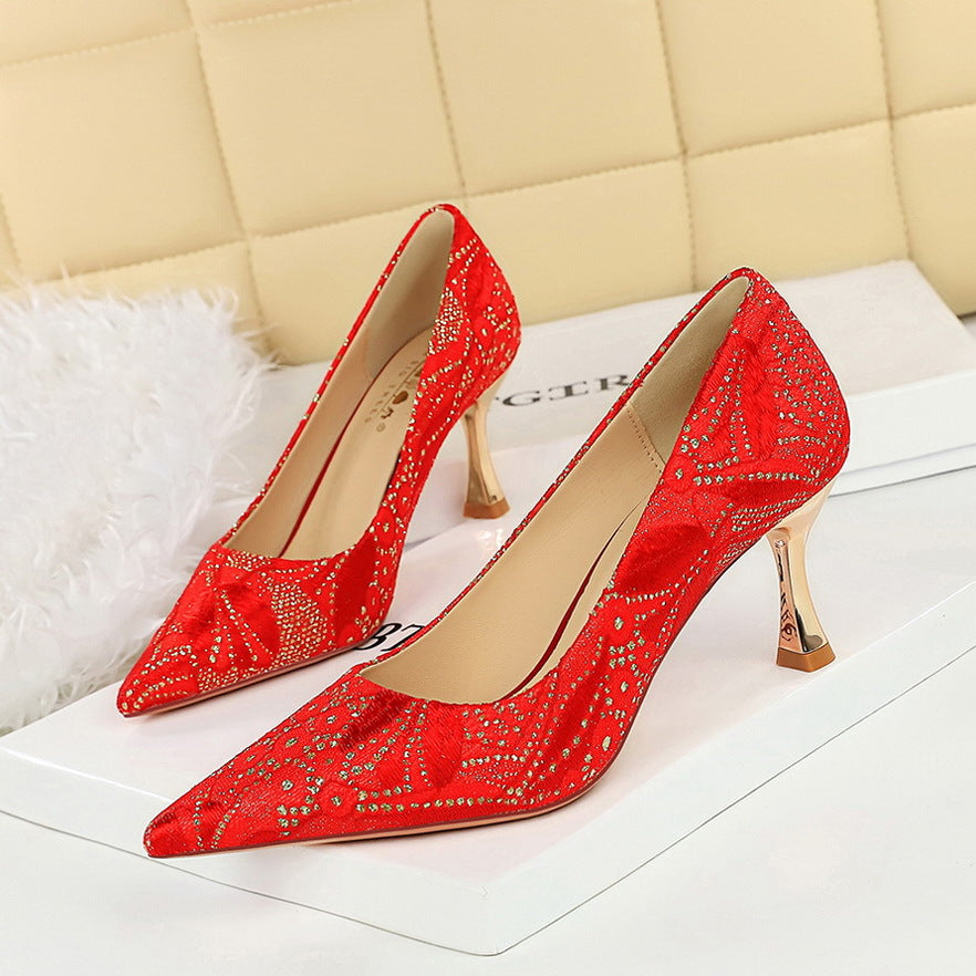 2025 1818-50 Gentle intellectual lace Korean version medium heel single shoes pointed irregular texture fine heel professional women's single shoes
