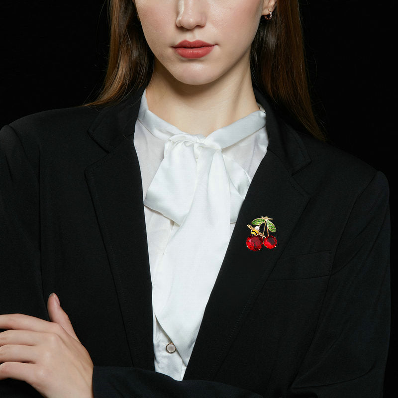 2025 Korean version of fashion temperament suit collar pin fixed clothes pin dripping oil little bee zircon inlaid red cherry brooch