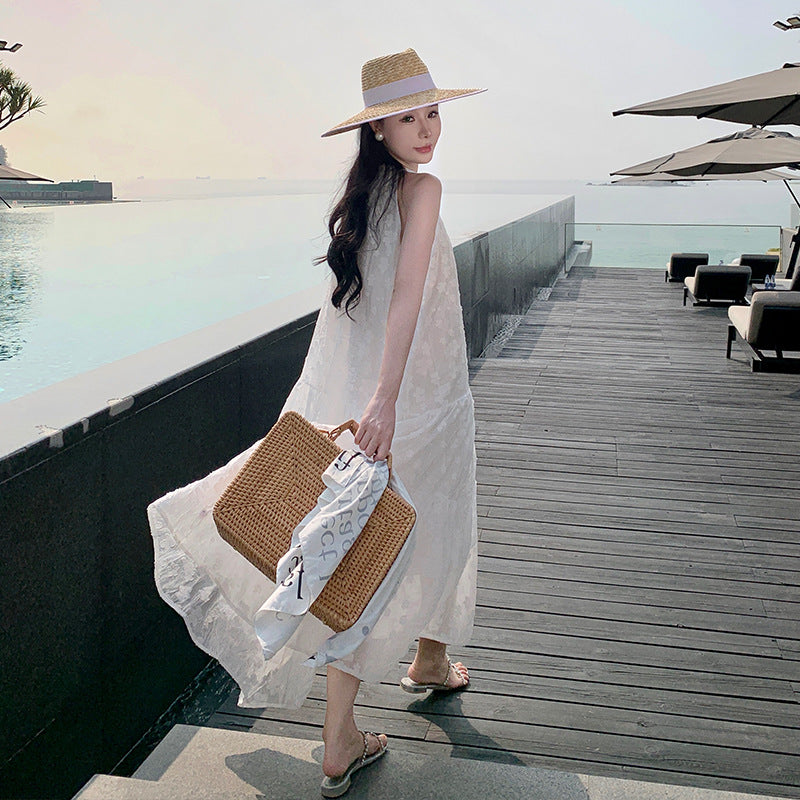 2025 retro neck dress women's summer high-end sleeveless vest skirt sexy off-the-shoulder seaside vacation dress