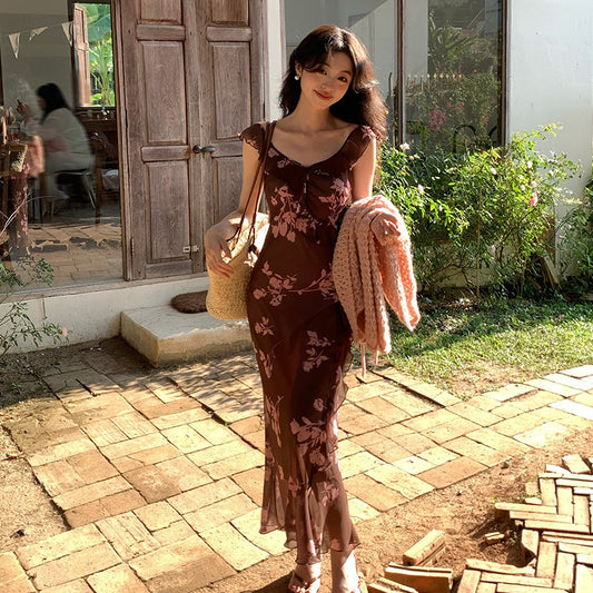 2025 spring new pure desire wind high waist suspender dress printed pure desire vacation skirt 88223