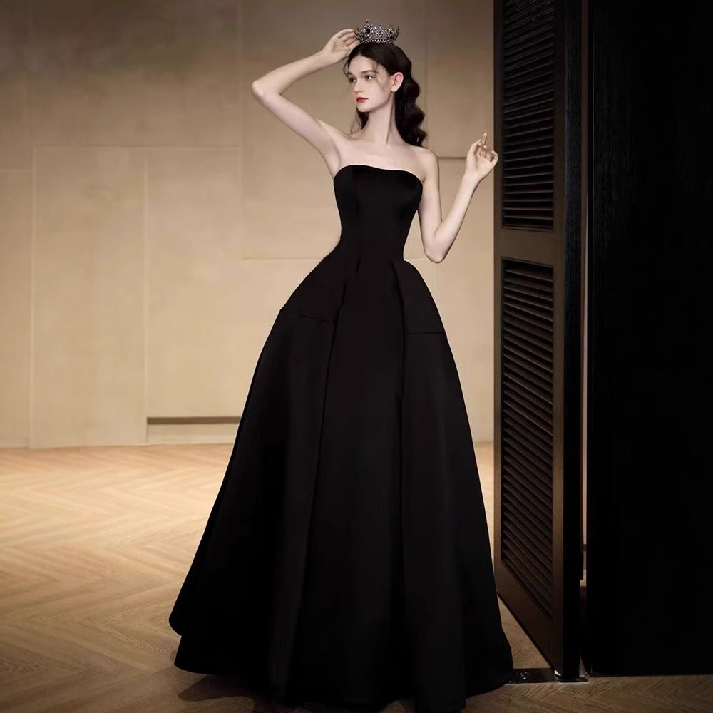 2025 Black tube top evening dress women's  new high-end light luxury niche high-end banquet host temperament dress