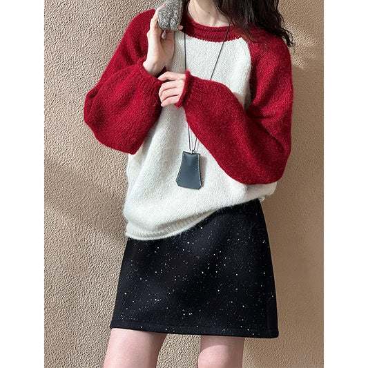 2025 popular autumn and winter new Korean design sense lazy wind round neck shoulder sleeve color matching knitted sweater 2465