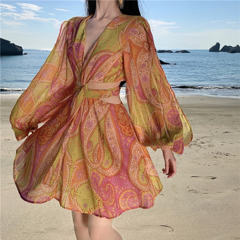 2025 Bali Sanya seaside vacation wind beach dress women's summer  sexy long-sleeved thin atmosphere dress