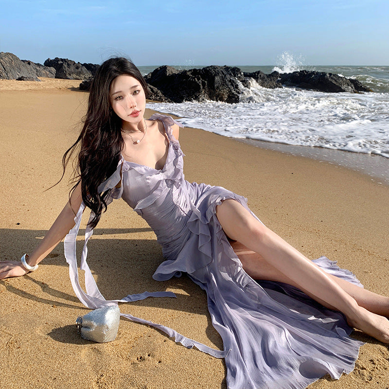 2025 Vintage  dress temperament long dress ruffle edge coffee break travel seaside vacation beach suspender dress