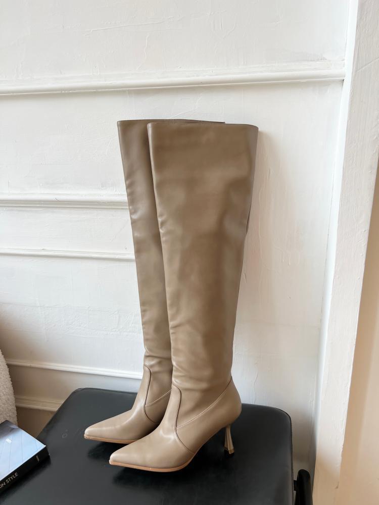 2025 Spice Girl Wide Boots popular New Big Tube Women's Boots Pointed Tips Thin Heels Skinny Pile Boots Large Size Over-the-Knee Boots
