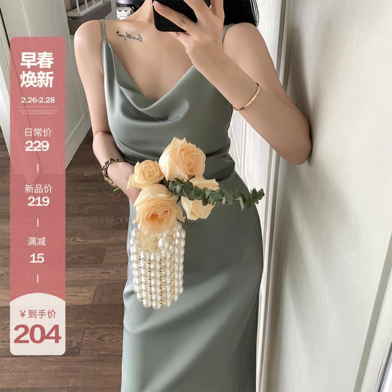2025 Satin suspender dress spring dress women's  new swinging collar sexy spice girl split hip wrap long dress women's clothing