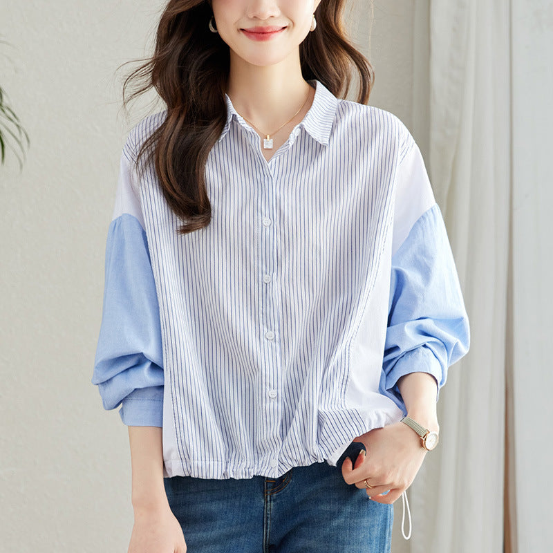 direct sales pure cotton long-sleeved shirt women's splicing vertical strip shirt women's commuter Korean version loose and chic striped top