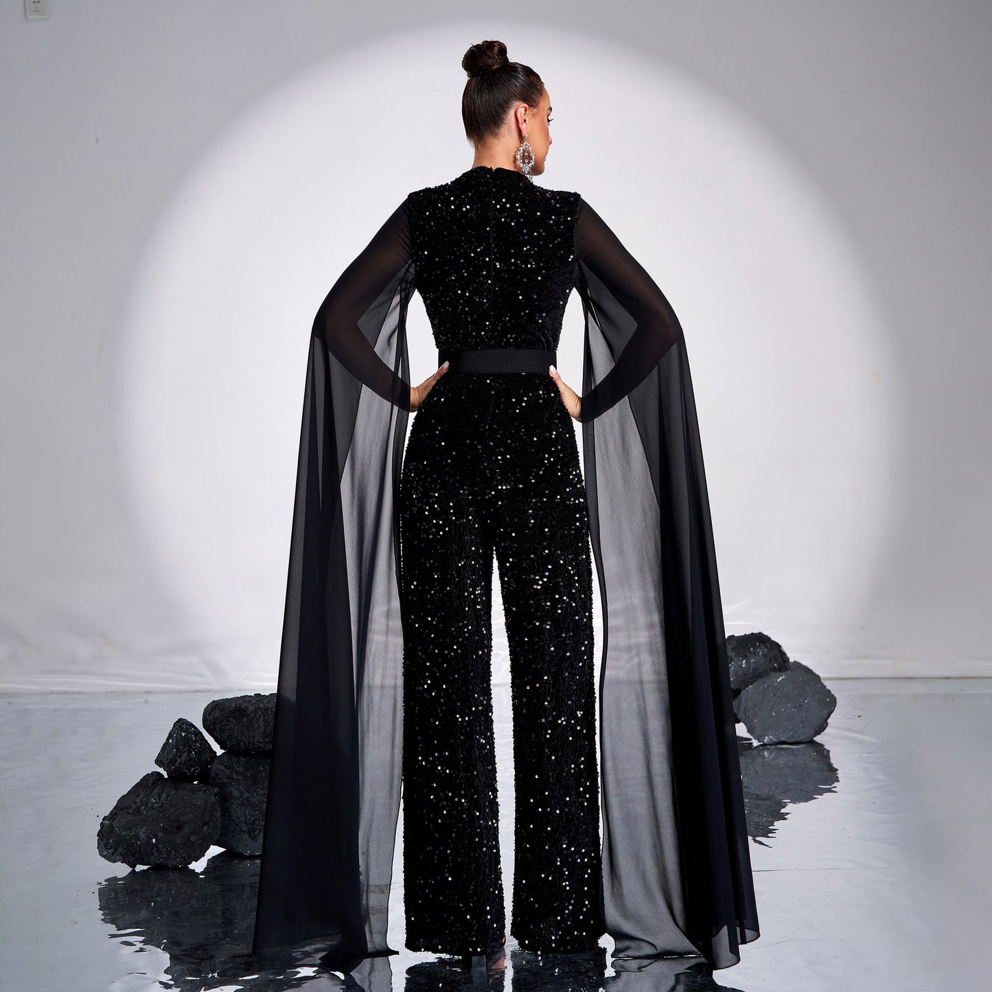 2025 women's clothing high-end temperament long-sleeved round neck sequined banquet jumpsuit evening dress bridesmaid dress