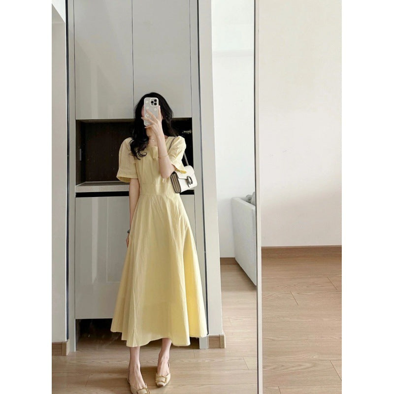 2025 Goose yellow square collar dress women's  summer new Korean version waist and thin temperament commuting elegant  dress