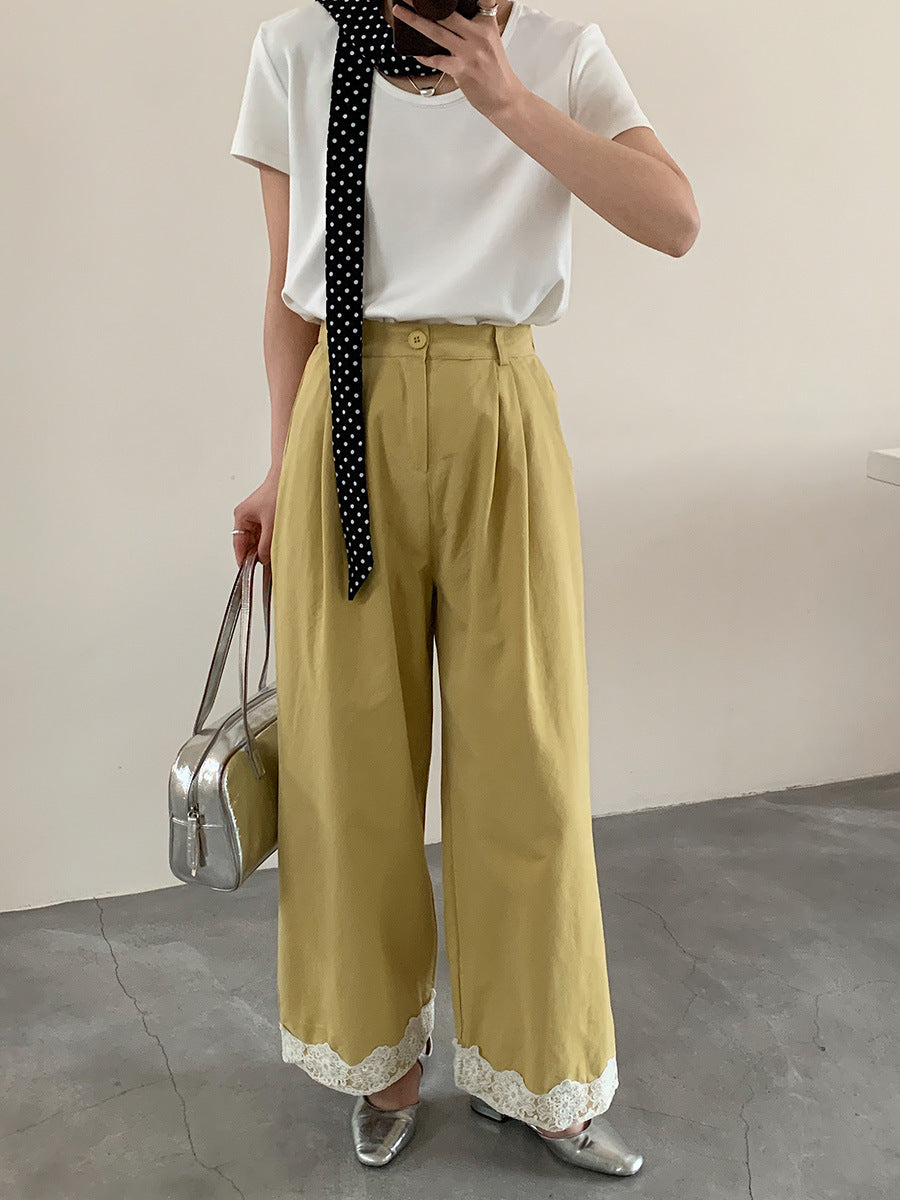 Cotton cocoon, high-waisted lace-edged wide-leg pants for women's  summer new navy blue high-casual straight-leg pants