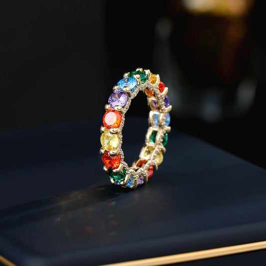 2025 New colorful copper inlaid zircon jewelry ring tide niche light luxury design high-end candy color rainbow ring