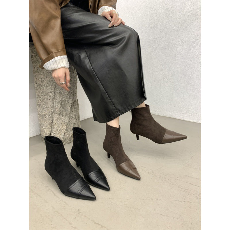 2025 Short boots women's velvet pointed head thin heel new splicing suede thin high heel short thin boots in autumn and winter of popular