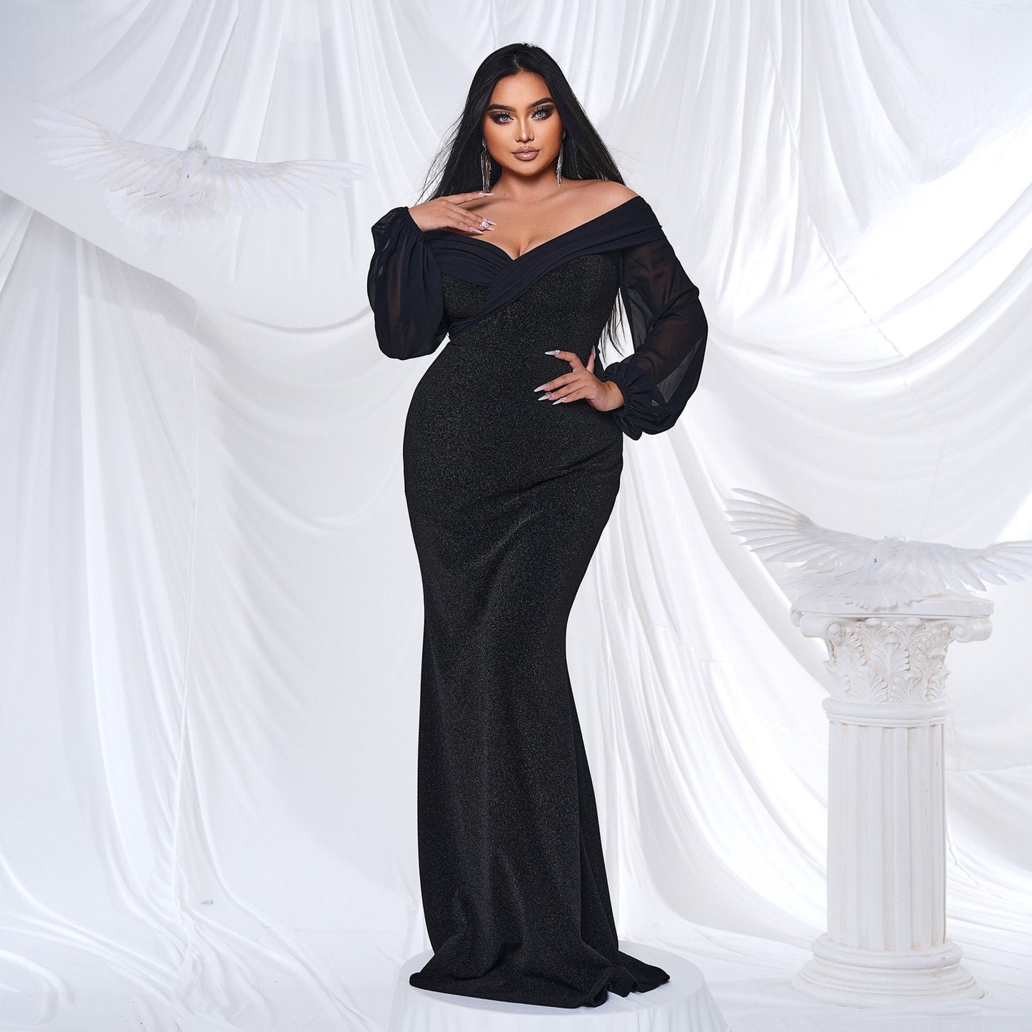 2025 Popular trade  large-size women's clothing long-sleeved V-neck banquet sexy hip-wrapped fishtail evening dress dress