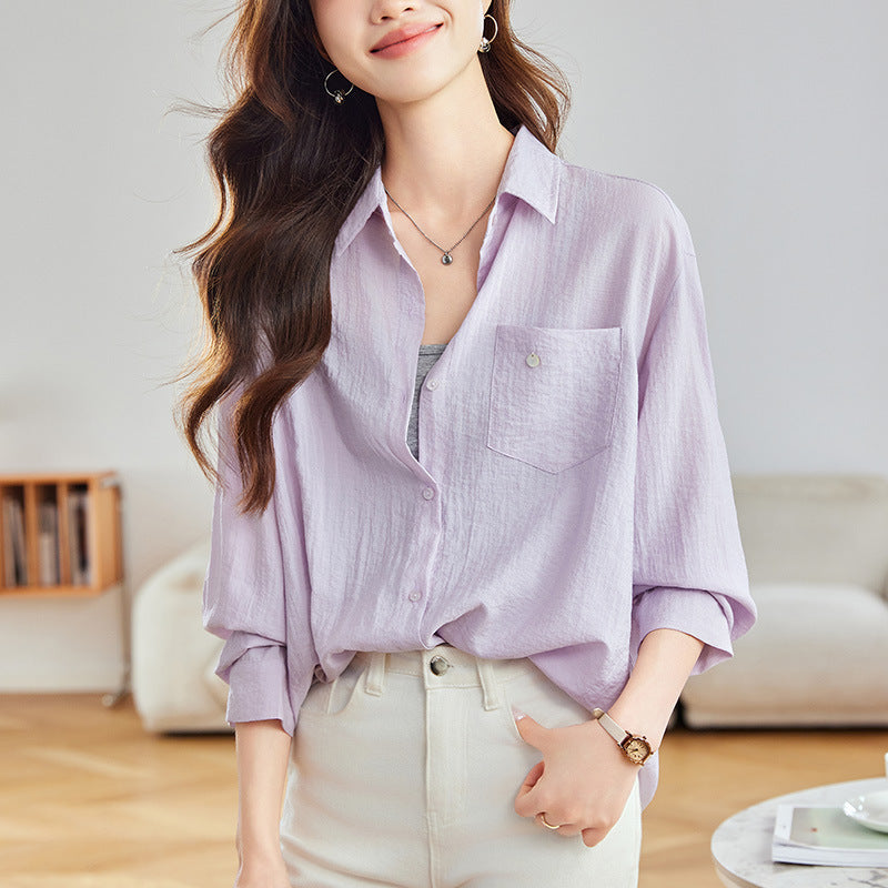 [Customized] Purple shirt women's long sleeves  spring clothes rear-breasted design top medium and long shirt