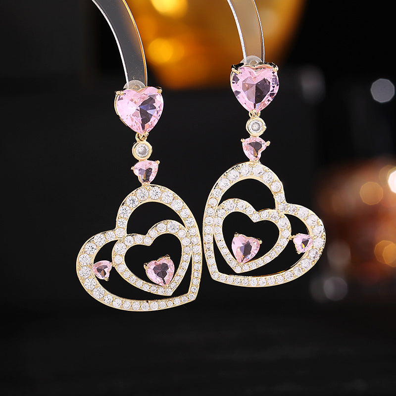 2025 S925 silver needle zircon inlaid earrings wedding dress with light luxury and high-end heart-to-heart love earrings