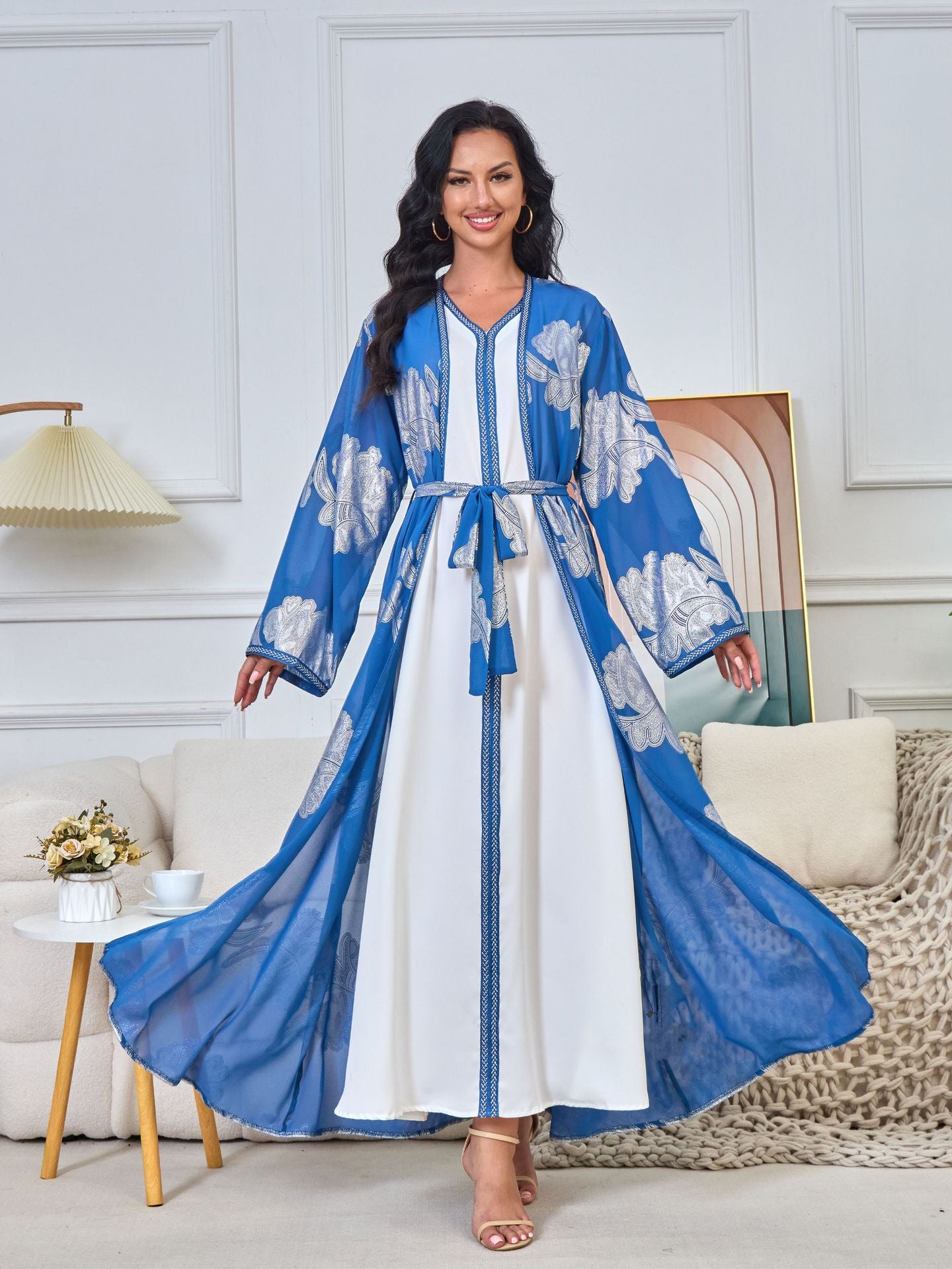 MT173 Middle East Arabian clothing abaya women's clothing V-neck long-sleeved  Popular trade two-piece set bronzing dress