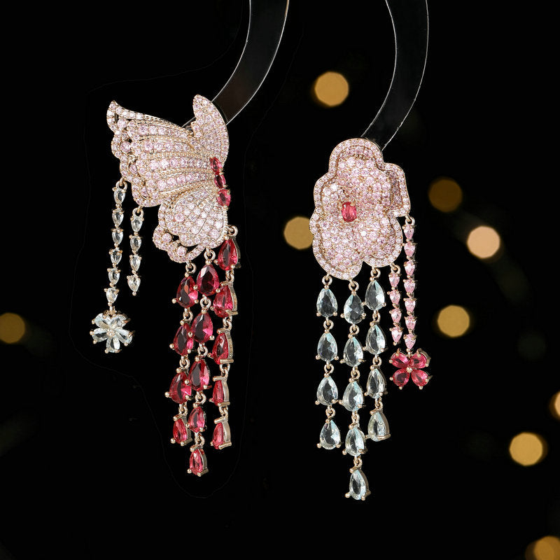 2025 Liyu jewelry exaggerated atmosphere heavy industry earrings wholesale inlaid zircon light luxury high sense butterfly flower fringed earrings
