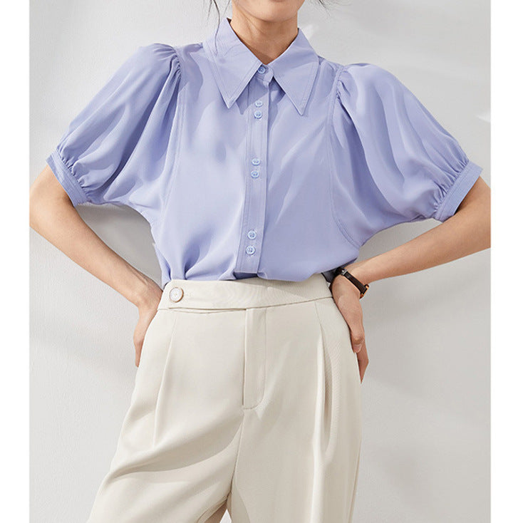 2025 Premium bubble-sleeved  shirt, design niche  summer women's top, chiffon short-sleeved shirt