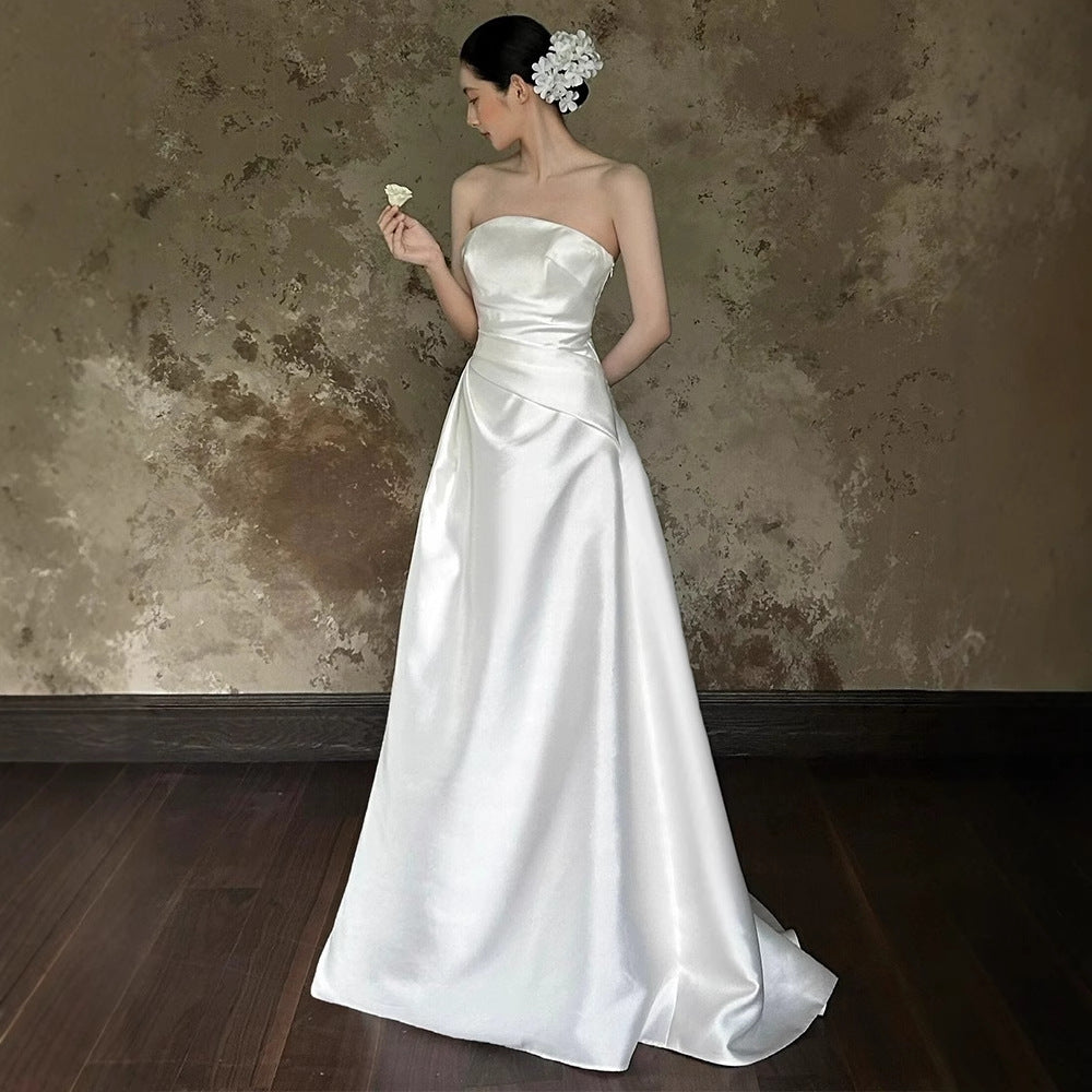 2025 tube top light wedding dress simple and high-end satin Mori bride going out yarn white engagement dress dress