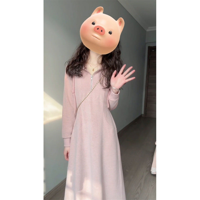 2025 Pink hooded long-sleeved dress children  new early autumn knitted sweater medium and long dress Korean wear