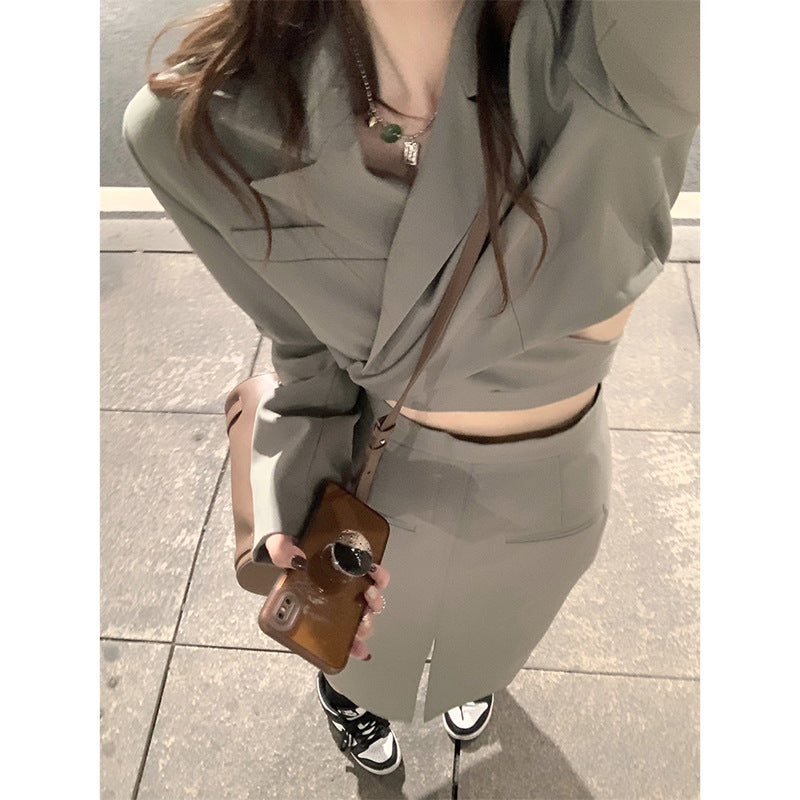High-end short temperament long-sleeved small suit medium and long split skirt women's autumn 2025 new two-piece set