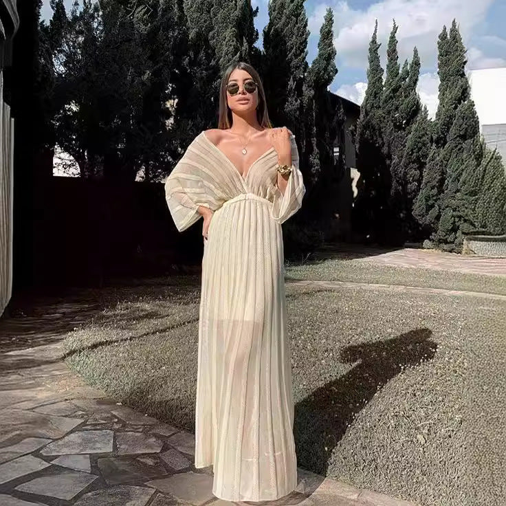 Popular trade new women's dress wish  white V-neck shawl sleeve dress