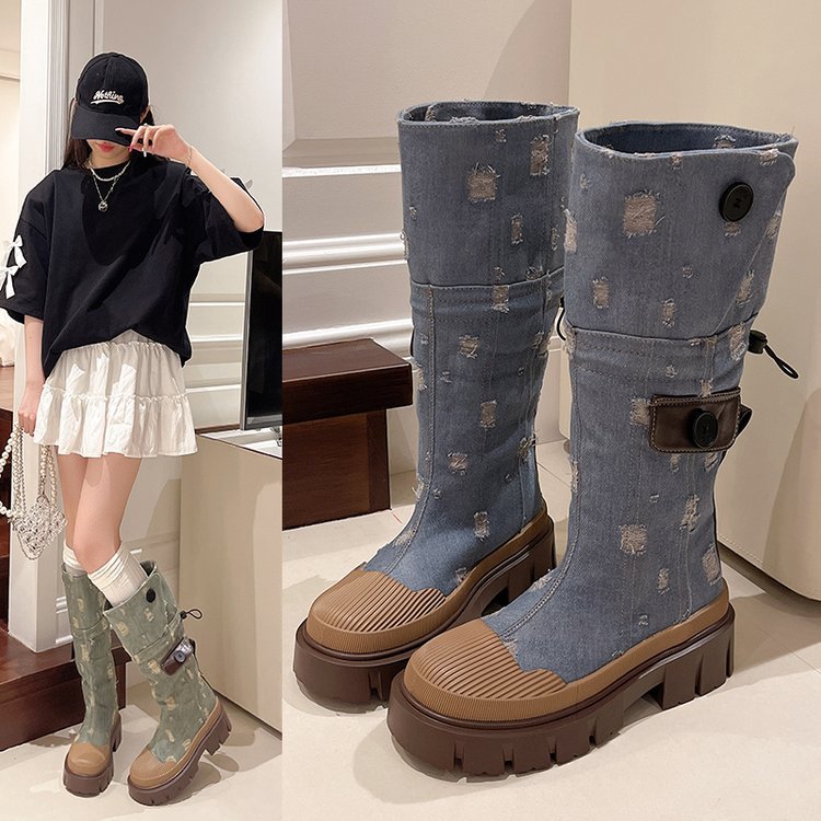 2025  Super Popular high boots women's popular new cowboy British knight boots thick heel boots thin boots