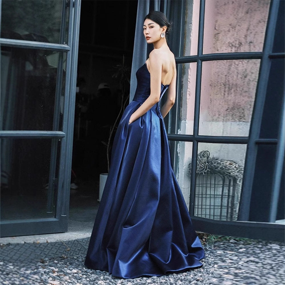 2025 Tube top  toast temperament high-end bridal wedding robe dress blue bar mitzvah host dress