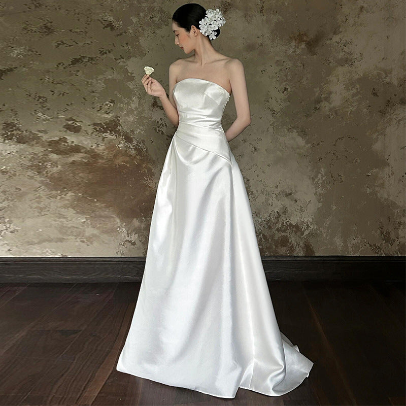 2025 tube top light wedding dress simple and high-end satin Mori bride going out yarn white engagement dress dress