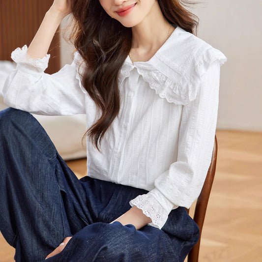 Cotton cocoon, sweet doll collar shirt women's long sleeves  spring and autumn clothes new Popular style top shirt women's shirt