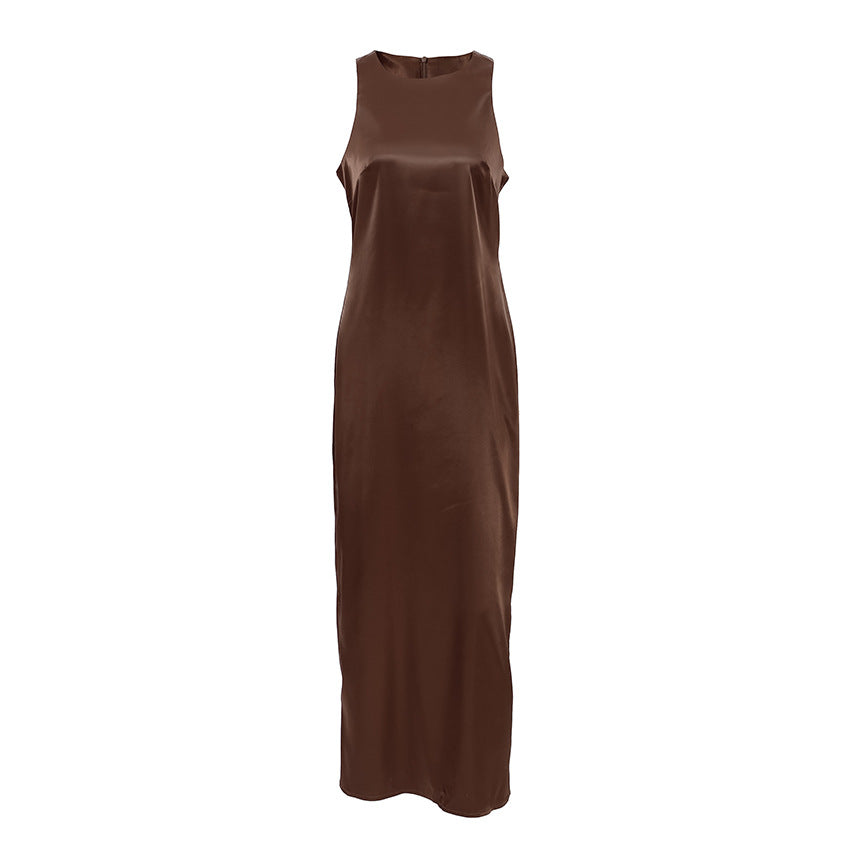 2025 Summer retro classic matte satin slim-fit round neck sleeveless straight skirt versatile Russian casual dress women