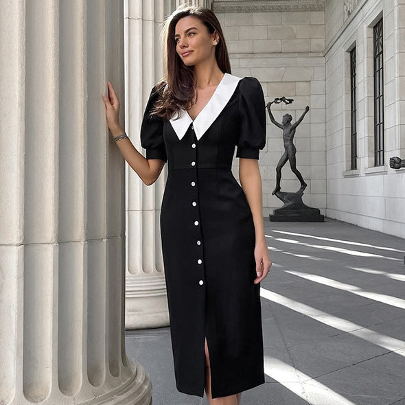 2025 V-neck contrasting color bubble sleeves temperament elegant dress popular  summer fashion new women's long dress
