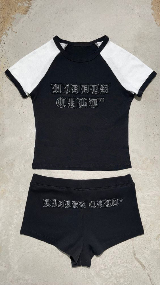 BENPAOLV American new Spice Girl style retro hip hop personality splicing street suit short sleeves shorts sticker letters