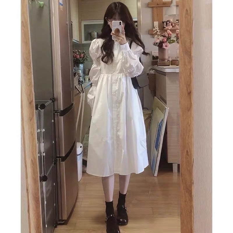 2025 White dress women's small spring and summer  new  design temperament long sleeve lisianthus long skirt