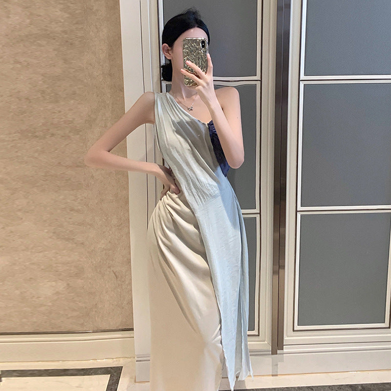 2025 Exotic retro streamer shoulder dress women's design pleated chic long dress seaside vacation beach dress