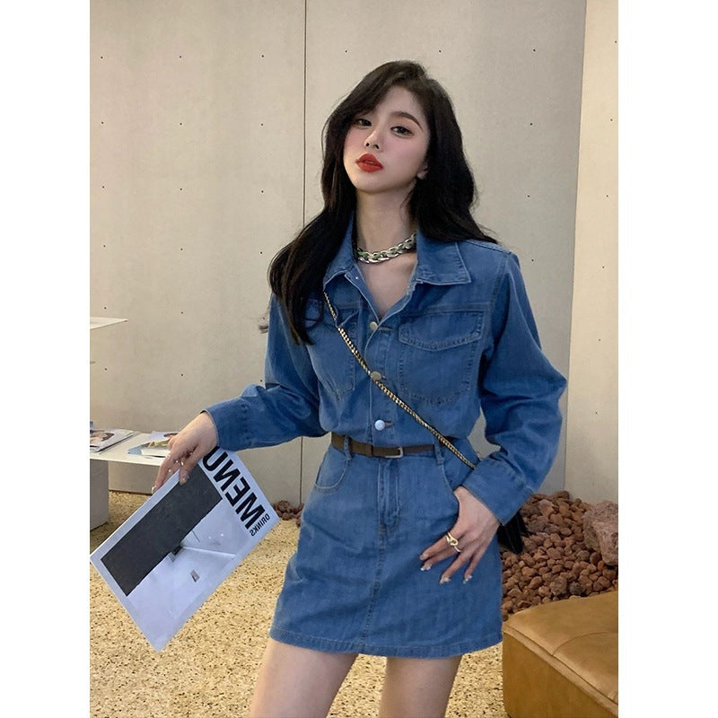2025 small waist skirt spring and autumn women's clothing  new Hong Kong style chic Hong Kong style retro denim dress