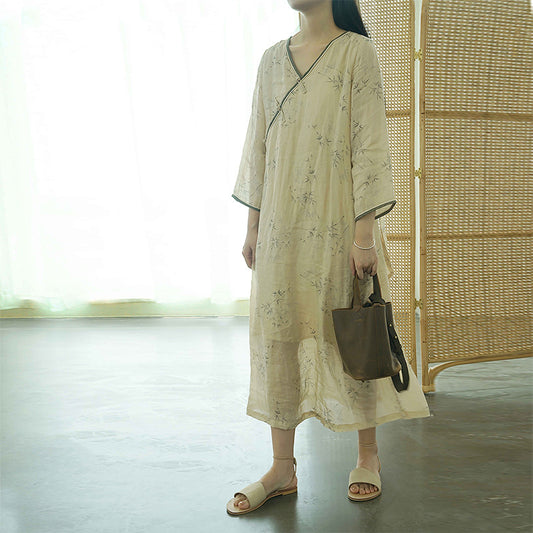 national style Zen sketch printing diagonal dress, light Chinese double-layer ramie loose cheongsam L22268