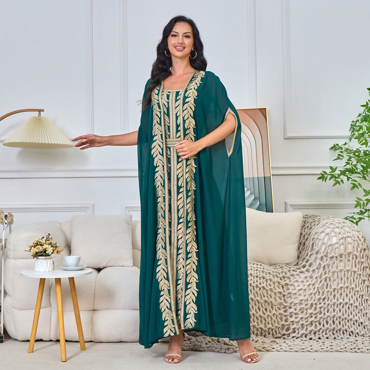 MT214 Middle East popular Summer New Muslim Cardigan Embroidered Robe Two-piece Dress Dress