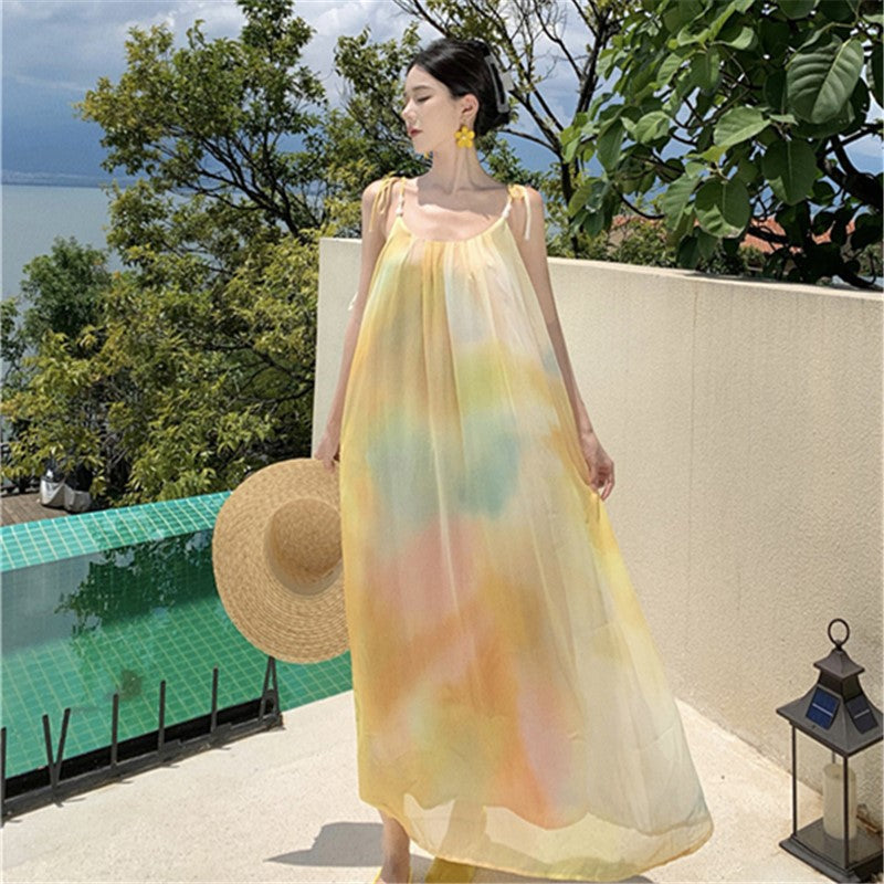 2025 Yellow smudge design sense niche vacation skirt summer temperament suspender dress lazy wind elegant super fairy fairy skirt