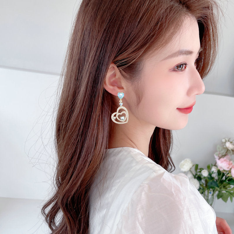 2025 S925 silver needle zircon inlaid earrings wedding dress with light luxury and high-end heart-to-heart love earrings