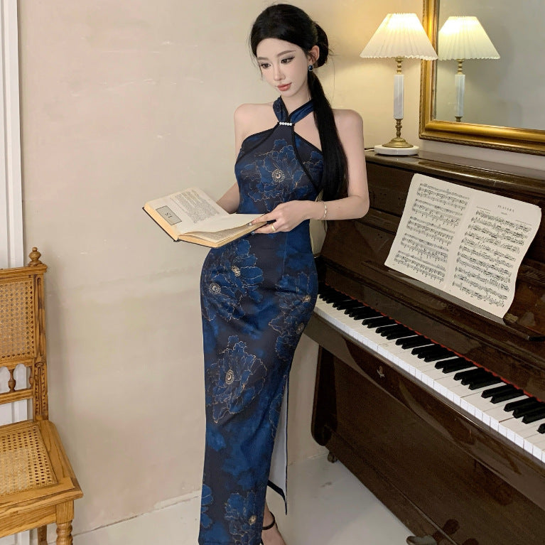 2025 Celebrity women's clothing  summer new fashionable and sexy off-the-shoulder Chinese-style improved cheongsam slim and thin neck dress