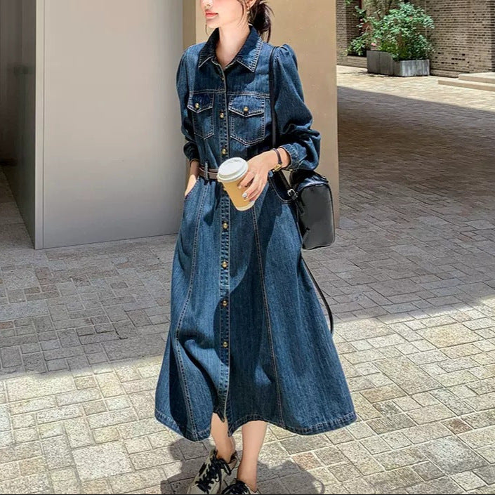 2025 Autumn long denim dress long sleeve autumn wear women's  new model fashion trend high sense super good-looking
