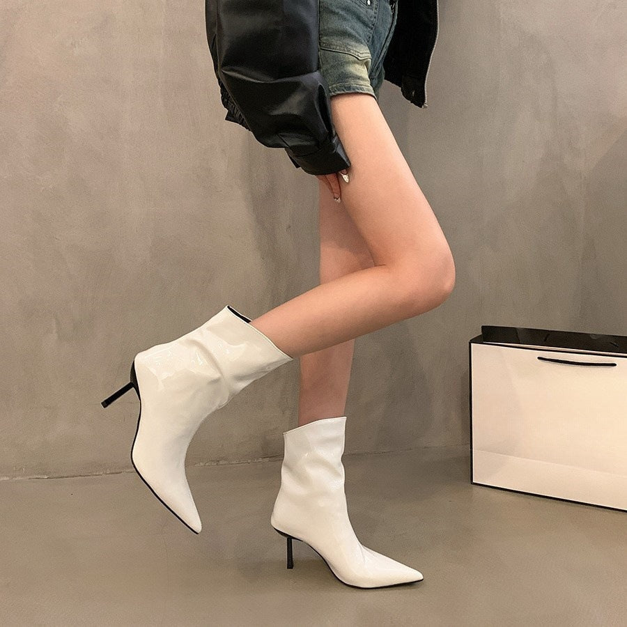 2025 Pointed patent leather red short boots women's spring and autumn popular new thin heel short boots high heel thin boots bare boots