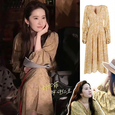 2025 Go to a windy place Liu Yifei same floral dress women's  spring new long-sleeved printed spring dress
