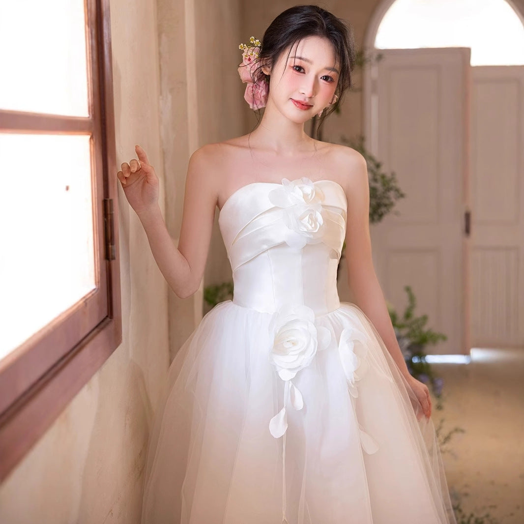 2025 new light wedding dress white tube top dress bride wedding engagement certificate mesh dress dress